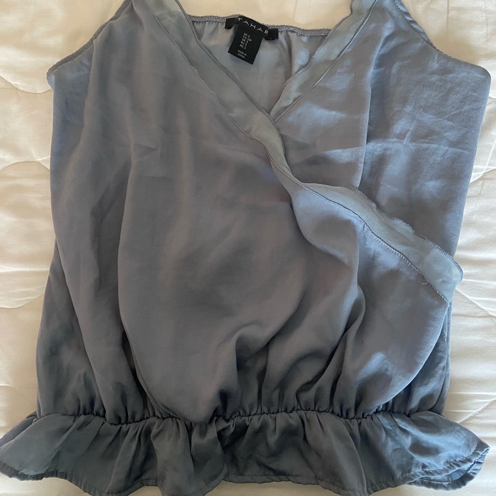 Tahari satin blue peplum top